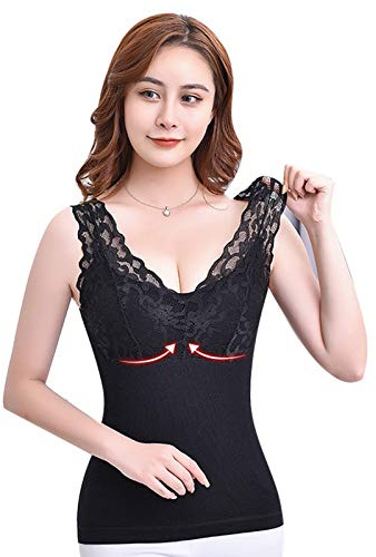 ANUFER Femmes Thermique Débardeurs sans Manches Sexy Col en V Profond Dentelle Chaude Hiver sous-Vêtements Noir SN071141 L