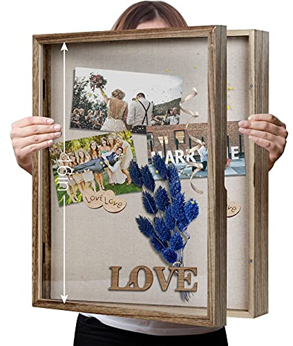Shadow Box 13x16 Display Linen Background and 8 Stick Pins Solid Wood Memory Box Display Case for Photo,Sports Memorabilia, Awards, Medals and Tickets.