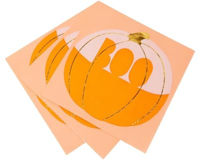 Talking Table Pack med 16 pumpa Halloweenservetter | Orange pappersservetter med 'Boo' design | Engångsartiklar för fest, höst, pumpa-servett, 33 x 33 centimeter