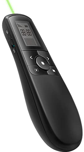 Amazon Basics Wireless Presenter Remote with Green Laser Pointer, Presentation Clicker, Rechargeable Lithium Battery, Timer, 2.4GHz, Plug & Play