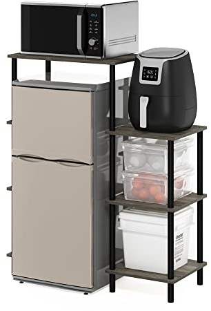 Furinno TURN-N-TUBE Coffee Bar, 4-Tier Bakers Rack with Mini Fridge Stand Shelf, Kitchen Shelves, for Pantry Organizers and Storage, Kitchen Organization, French Oak Grey