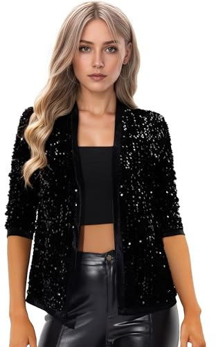 Allegra K Veste Blazer Élégante à Sequins pour Femmes Cardigan à Paillettes Manches 3/4 pour Soirée Gilet Brillant Costume de Fête