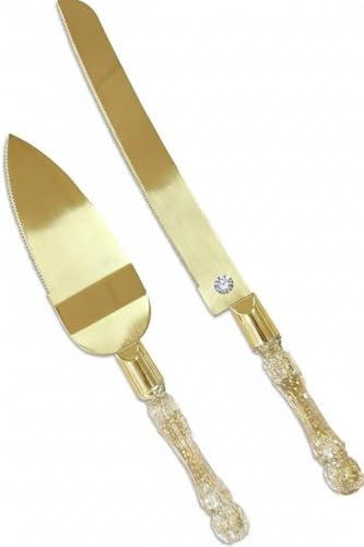 Juego de 2 cuchillos y servidores para tartas de boda, cortador de pasteles y espátula para tartas, servidor de pasteles y cuchillos con asas de plástico, cuchillas chapadas en oro de titanio, juego
