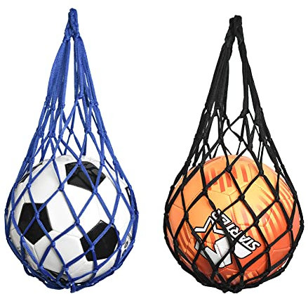 Helweet Basketballnetz Tasche, Tragbare Ballnetz 1 Ball, Robustes Ballnetz, Fußball Netztasche, Basketballnetztasche für Basketball, Volleyball, Fußball, 2 Stück (Blau+Schwarz)