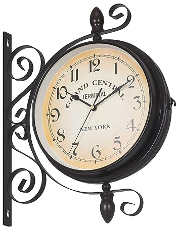 H-YEEU Orologio da stazione, doppio lato, colore: caffè, orologio da parete vintage per esterni, 44 x 37 cm, orologio da parete retrò, numero orologio da parete in ferro, orologio da parete con