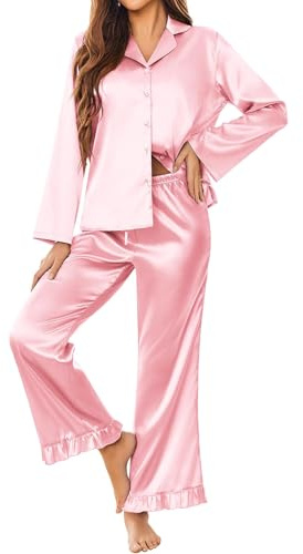 Ekouaer Silk Satin Pajamas Set Womens Long Sleepwear Button Down 2 Piece Classic Soft Loungewear Pjs Set Pink Medium