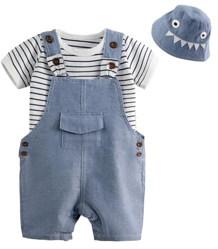Volunboy Completi Estivi Bambino, Unisex Set di 3 Maglietta a Maniche Corte e Salopette Dinosauro con Cappelli Carino Abito Neonato Tuta(Strisce Blu,3-6 mesi,Taglia 59)