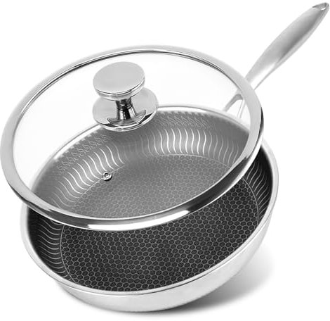 W&H Bratpfanne mit Deckel,28 cm Edelstahl Pfanne mit Wabenstruktur,Antihaftbeschichtung, Abnehmbarer Griff, Pfannen zum Kochen, Braten und Schmoren, Geeignet für Alle Herdarten