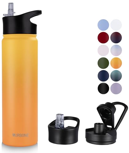 MURBONE Edelstahl Trinkflasche 750ml (+2 Deckel)-mit Strohhalm,BPA frei,Thermosflasche Auslaufsicher,Kohlensäure Geeignet,Thermoskanne Vakuum Doppelwandisolierung für Sport, Reisen, Camping