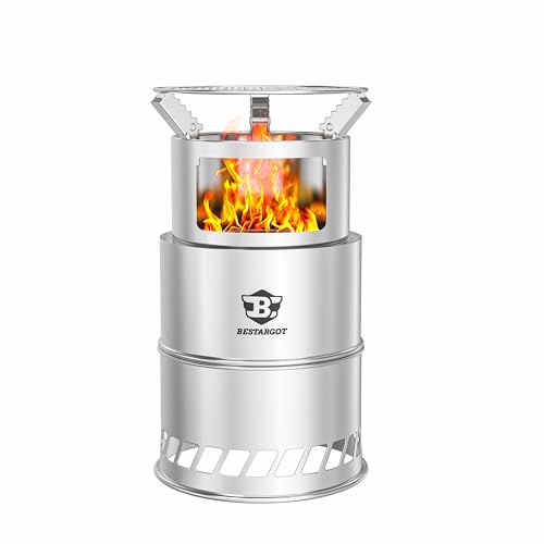 Bestargot Hobo Fornello a gas, da campeggio, a legna e a gas, in acciaio inox, portatile, per esterni, fornello a gas pieghevole e carburatore a legna (fornello a gas extra grande)