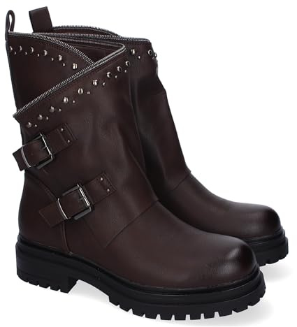 Bottines pour femme avec clous, style motard, semelle dentée, design moderne, ornement de fermeture éclair sur la tige et boucles décoratives, fermeture éclair., marron, 37 EU