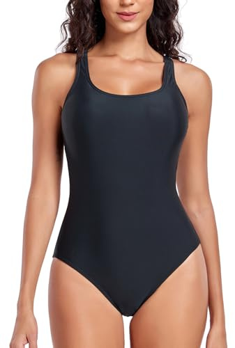 Deriwone Swimming Costume Women Athletic One Piece Swimsuit Tummy Control Swimwear Racerback Swimsuit M,Black