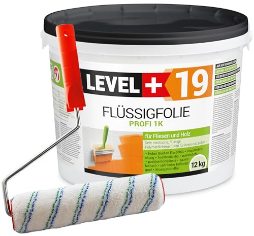 Level Plus 19 flytande folie professionell 12 kg för kakel och trä, OSB, balkong, terrass, källare, badrum, dusch, frostbeständig vattenbarriär, tätningsset med färgrulle, 25 cm