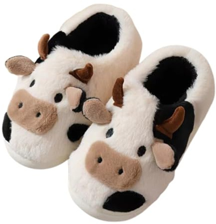 ZNEL Flauschige Baumwoll Hausschuhe Mit Kuh-Cartoon-Motiv Extra Große Pantoffeln Niedlicher Tier-Cartoon Plüsch-Hausschuhe Mit Rutschfester Sohle Für Damen Und Herren(46/47 EU, Black)