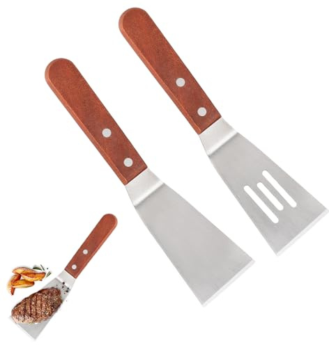 2 stycken stekspade i rostfritt stål, liten grillspade pizzaspatel med trähandtag, värmebeständig non-stick slät och perforerad stekspade, kockspatel grillskrapa för teppanyaki burger biff pizza