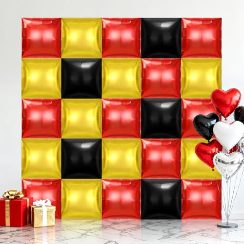 25 Pcs Square Balloons, Metallic Square Foil Balloons Wall Backdrop, Double Sided Mylar Balloons Tunnel Arch Kit for Anniversary Wedding Birthday Baby Shower Party Decorations (Red and Black)