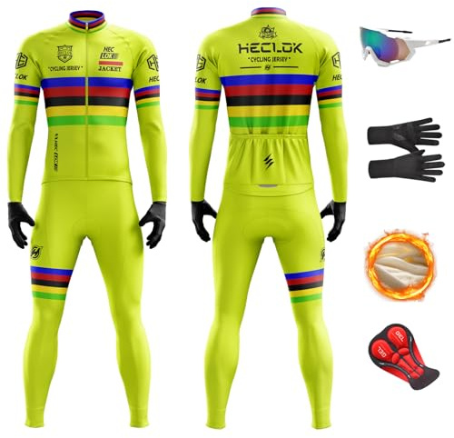 HECLOK Ensemble Cyclisme Hiver Homme Manches Longues – 9D Gel, Thermique | 9D Gel, tissu polaire thermique, 3 poches arrière, manches longues, culotte inclus, pour vélo de route et VTT