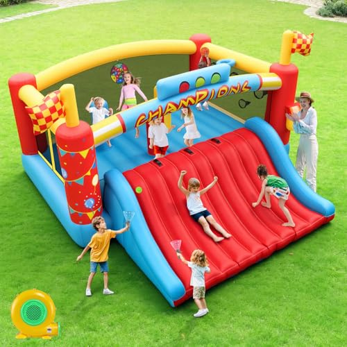 AKEYDIY Casa inflable grande para niños grandes, tobogán extra ancho, centro de juegos temáticos de carreras de escalada para parte, castillo inflable para saltar obstáculos en el patio trasero con