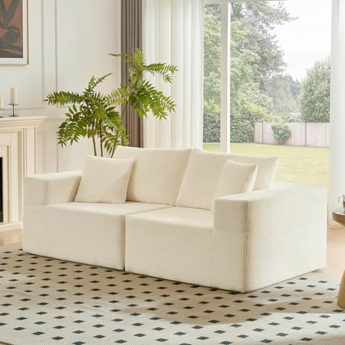 CHOSHOME 2/3 Seater Modular Sofa with Deep Seat, 200cm Sectional Modern Plush Corduroy Small Couch for Apartment & Living Room, Boneless Cloud Sofa, No Assembly Required, Beige