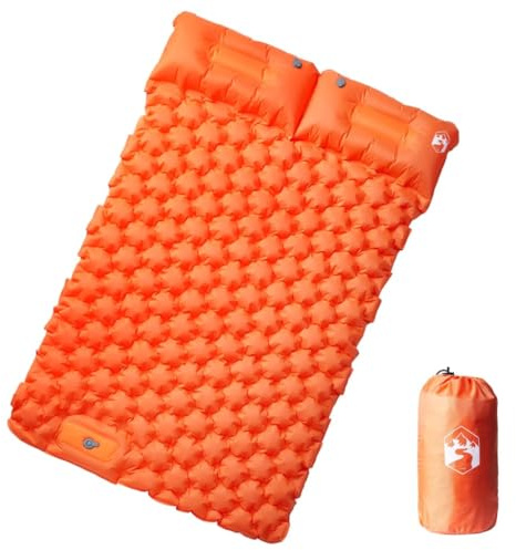 LoogCape Double matelas auto-gonflant avec coussin orange pour camping, trekking et activités de plein air, imperméable, ultra léger, compact, confortable, avec pompe à pied, 2 personnes, 8,5 cm