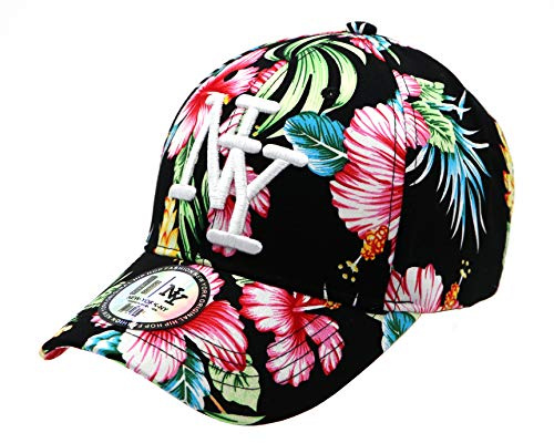 NY Cap Damen Hip Hop Mode Baseball Runder Visier Schwarzes Blumendesign Verstellbare Kappe