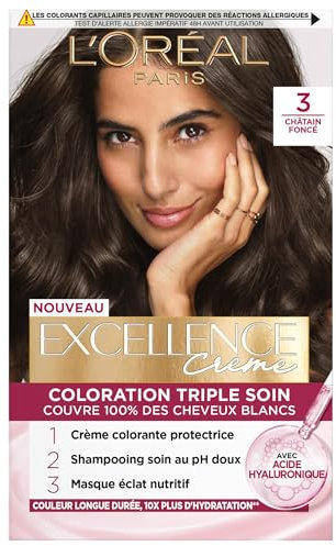 L'Oréal Paris L'Oréal Paris - Excellence Crème - Coloración permanente de triple cuidado, cobertura del 100 %, cabello blanco, tono 3 marrón oscuro