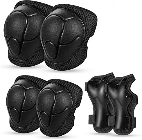 Knieschoner Set Kinder Inliner 6 in 1 mit Tasche, Fahrrad Fussball Ellbogenschützer Schützer Verstellbar Knieschützer, Handgelenkschoner für 3-14 Jahre Teenager Skaten Roller Skateboard (Schwarz)