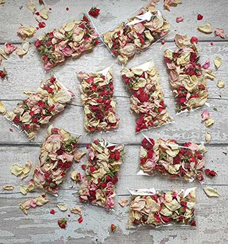 Fun Floral Fusions - Coriandoli biodegradabili, 10 sacchetti trasparenti riempiti con petali di rosa color crema e mini rose rosse - Coriandoli per matrimoni - Petali di fiori secchi - Coriandoli di