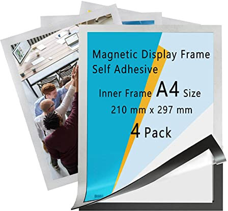 4 Stück Magnetrahmen A4, Magnetrahmen Selbstklebend, Info-Rahmen Selbstklebend, Aufklappbarer Magnetrahmen mit Magnetverschluss, 32,5 x 24 cm, (Silber)