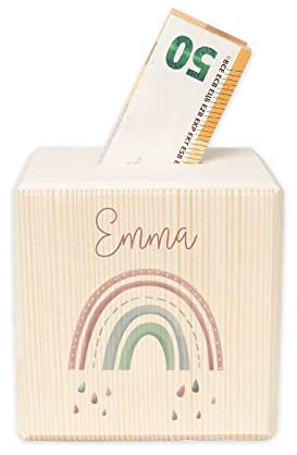 Spardose Personalisiert mit Namen aus Holz - 10x10cm Holzspardose - Geschenk zur Geburt, Geburtstag, Einschulung, Taufe - Sparschwein Aquarell Motiv für Jungen & Mädchen hellomini (Regenbogen rosa)