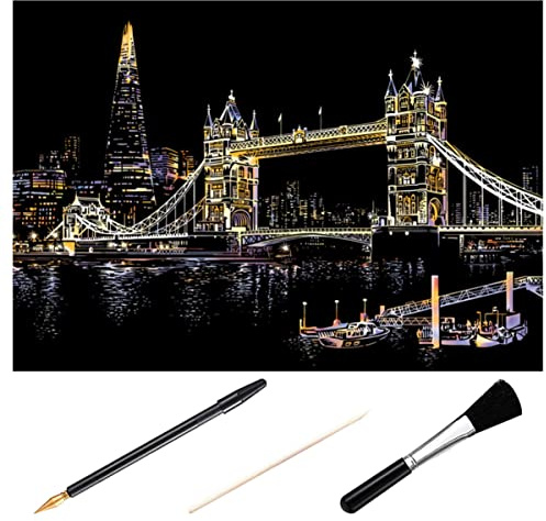 Ciieeo 1set Kids Bridge Supplies Craft Engraving Supplie London Tools Scraping Scratchboard Materials City Off Drawing for Scratch Picture& Adults Night and Tower Paper Painting