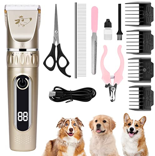 VSSHE Tondeuse Chien, Sans Fil Détachable Tondeuse pour Chiens Professionnel, Lames en Céramique Ecran LCD Charge Rapide 5 sortes Vitesses de Rotation Lavable à Faible Bruit Kit Toilettage Chien