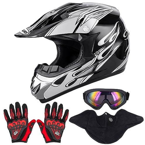 OUMURS Adult ATV Dirt Bike Helmet with Goggles Gloves & Mask Adjustable Sun Visor Motorcycle Adults Helmet Off-Road Motocross Downhill Moped MX for Unisex-Adult-New Black Flame, L