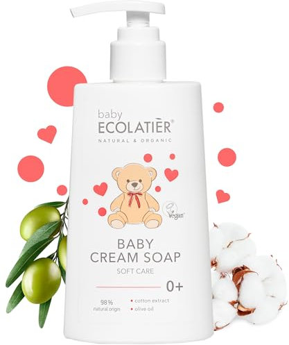 Babycreme Seife Sanfte Pflege – Baby Duschgel und Kinderseife mit 98% natürlichen Inhaltsstoffen, vegan zertifiziert, sanfte Seife für Babys und Kinder mit Olivenöl - 250 ml