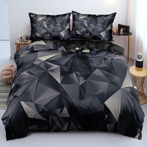 Luowei 3D Bettwäsche 135x200cm Bettwäsche Set 3D Geometrie Design Grau Schwarz Weich Mikrofaser Bettbezug mit Reißverschluss und Kissenbezug 80x80cm