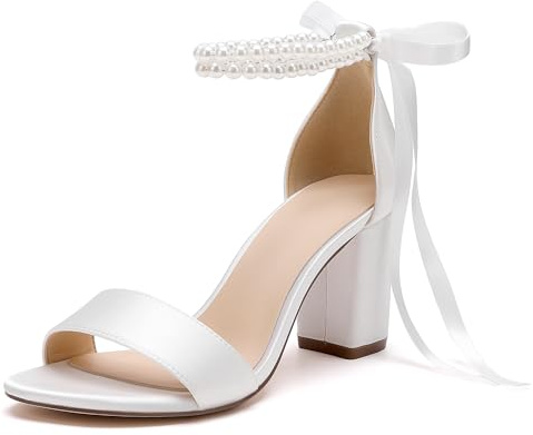 HKMFLYY Chaussures de mariage à bout ouvert avec perles pour femme - Sandales à talons hauts en satin - Sangle de cheville - Pour bal de fin d'année, soirée, ivoire, 37.5 EU