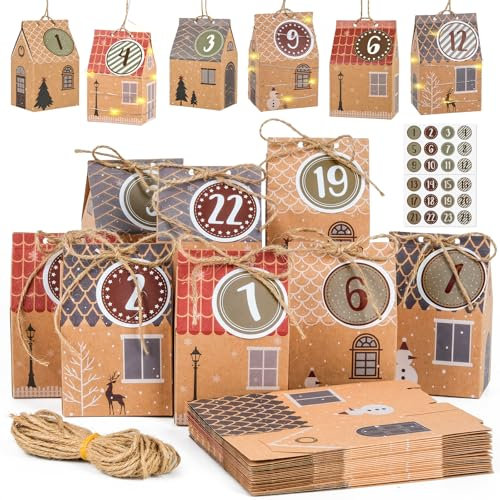 ARTESTAR Adventskalender zum Befüllen:Adventskalender 24 Häuser zum Aufhängen oder Aufstellen mit Zahlenaufkleber，Weihnachtskalender DIY Bastelset,Schachteln zum Befüllen für Weihnachten