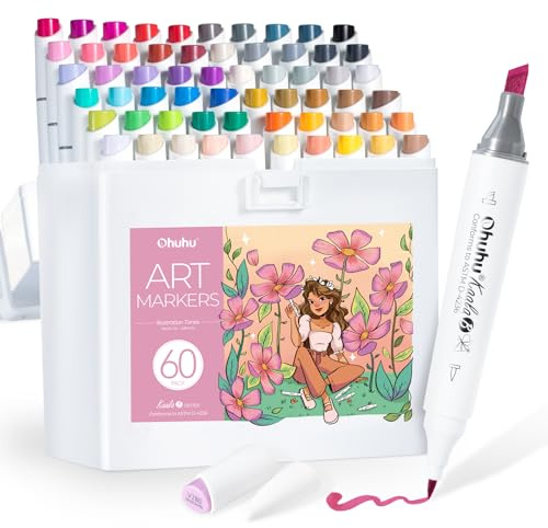 Ohuhu Alkohol Marker, 60 +1 Farben Mini-Pinsel & Schlanke Breite Doppelspitzen Alkohol Marker für Künstler Erwachsene Ausmalen, Zeichnen und Illustration - Nachfüllbare Tinte - Kaala B Serie