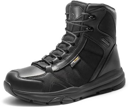 NORTIV 8 Botas de Tácticas Militares Impermeables para Hombre Botas de Combate para Moto Trekking con Suela Antideslizante Ligero,Size 43.5,Negro-Cuero,SNMT222M