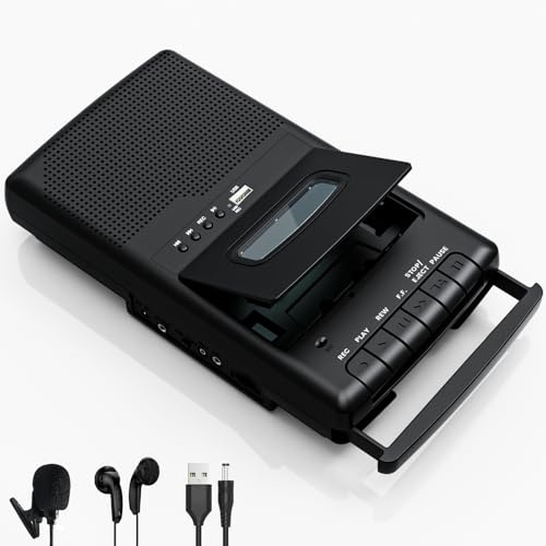 Portable Cassette Player,Digital Cassette Recorder – Portable Tape Player with Stand-Alone Microphone, Built-in Speaker, Retractable Handle, 3.5MM Headphone