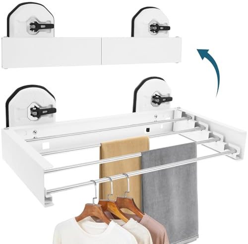 TNTGMG Tendedero de Montaje en Pared, de Acero Inoxidable, 50 x 25 cm, Percha Extensible con 4 Barras, Capacidad de Carga de 25 kg, Ahorra Espacio con Plantilla de Pared para Colgar Ropa en