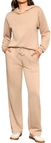 Totatuit Conjunto sport mujer 2 piezas sudadera con capucha pantalón ancho loungewear cálido casual chic Caqui，M