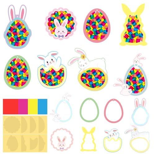 AITIAN 16 Piezas Juego de Manualidades para Ventanas de Pascua,Conejo Huevos de Pascua Decoración de Ventanas,Manualidades Kit de Pascua y Primavera para Colgar,Kit de Adornos DIY para Ventanas