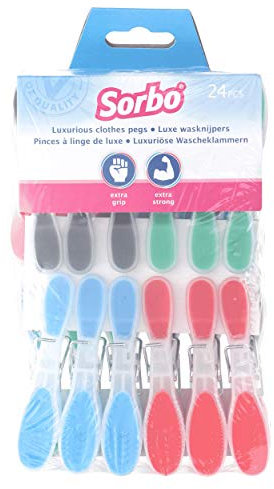 Sorbo Soft Grip Plastic Clothes Pegs, 24 Pack, Extra Strong Coiul for effective hold of laundry without marking, Perfect for outdoor windy conditions