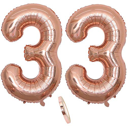 2 Luftballons Zahl 33, Nummer 33 Luftballon Rosegold Mädchen,40 Aufblasbar Helium Folienballon Roségold Ballons Figuren,Riesen Ballon für Geburtstag Party Dekoration, Abschlussball (xxxl 100cm)