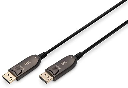 DIGITUS DisplayPort-glasfiberkabel – 20 m – UHD 8k 60Hz 4k 120Hz – Displayport 1.4 – 32,4 Gbps – HDR, HDCP 2.2, CEC – AOC-hybridkabel – Förgyllda kontakter – Svart
