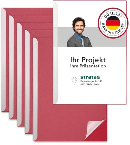 STRATAG Klemmschienen-Set (6 Stück) mit transparentem Deckel aus PP Kunststoff sowie Binderücken aus stabilem 350 g/m² Karton (Klemmmappe A4 Rot Rubinrot)