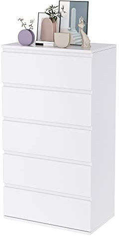 FOREHILL Kommode weiß mit 5 Schubladen Schubladenschrank schmal für Schlafzimmer Flur Wohnzimmer 55x33x100cm