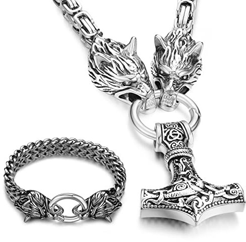 Roheafer Thors Hammer Halskette Herren Silber/Gold Mjölnir Anhänger Wolf Armband Edelstahl Thors Hammer Kette mit Königskette Wikinger Schmuck für Herren Länge 50CM-70CM
