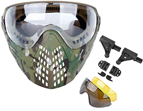 Dual-Mode Airsoft Paintball Mask Full Face Breathable with 3 Interchangable Lens Goggles, FAST Tactical Helmet Accessories